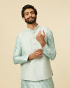 alt message - Manyavar Men Aqua Green Buta Patterned Jacket Set image number 0