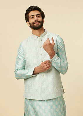 Manyavar Men Aqua Green Buta Patterned Jacket Set