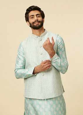 alt message - Manyavar Men Aqua Green Buta Patterned Jacket Set image number 0