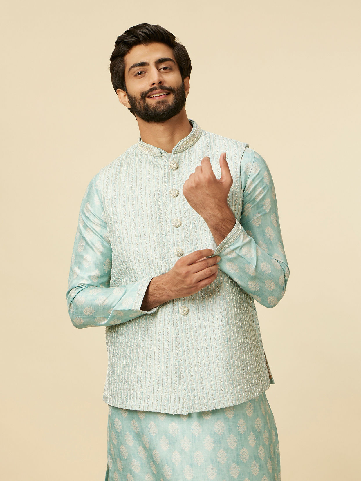 alt message - Manyavar Men Aqua Green Buta Patterned Jacket Set image number 0