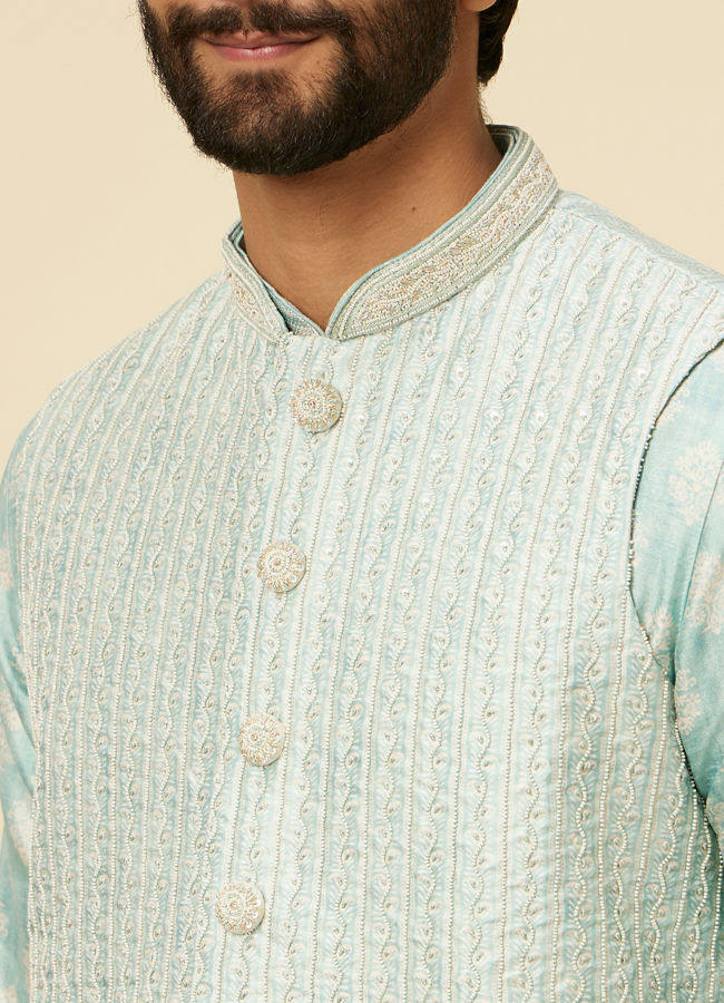 alt message - Manyavar Men Aqua Green Buta Patterned Jacket Set image number 1