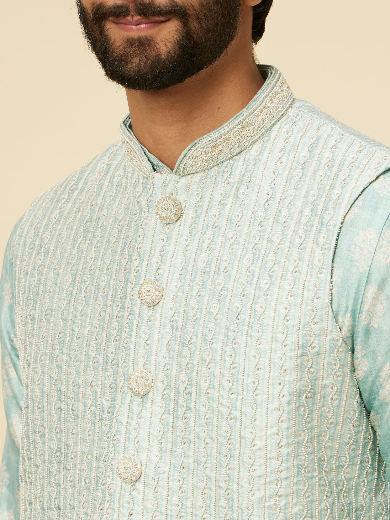 alt message - Manyavar Men Aqua Green Buta Patterned Jacket Set image number 1