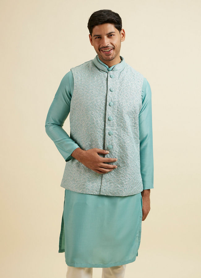 Manyavar Men Aqua Green Kurta Jacket Set with Exquisite Hand Embroidery and Cutdana Work