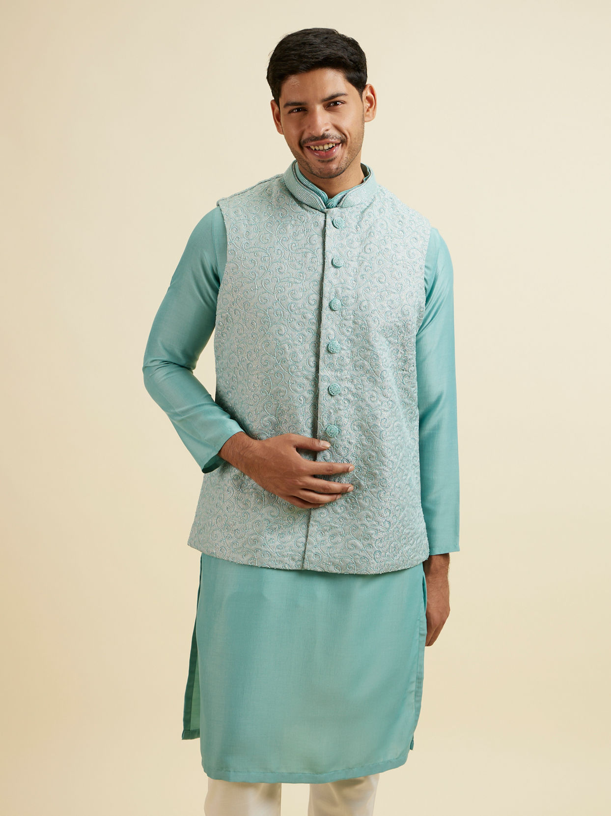 Manyavar Men Aqua Green Kurta Jacket Set with Exquisite Hand Embroidery and Cutdana Work