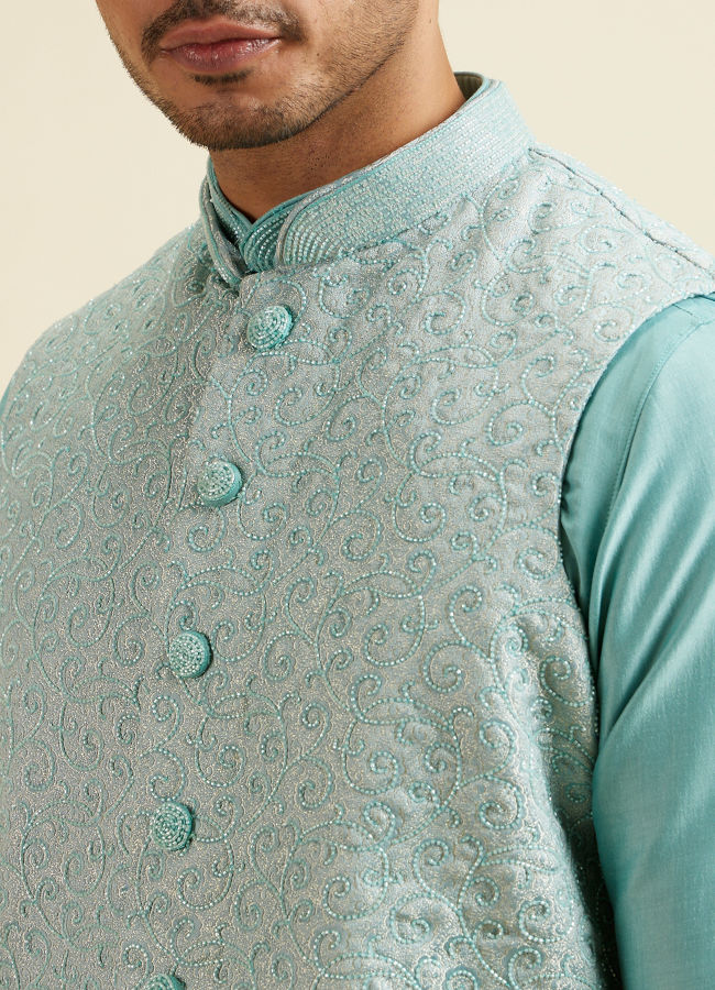 alt message - Manyavar Men Aqua Green Kurta Jacket Set with Exquisite Hand Embroidery and Cutdana Work image number 1