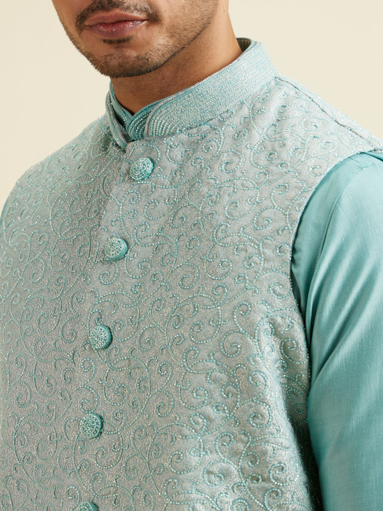 alt message - Manyavar Men Aqua Green Kurta Jacket Set with Exquisite Hand Embroidery and Cutdana Work image number 1