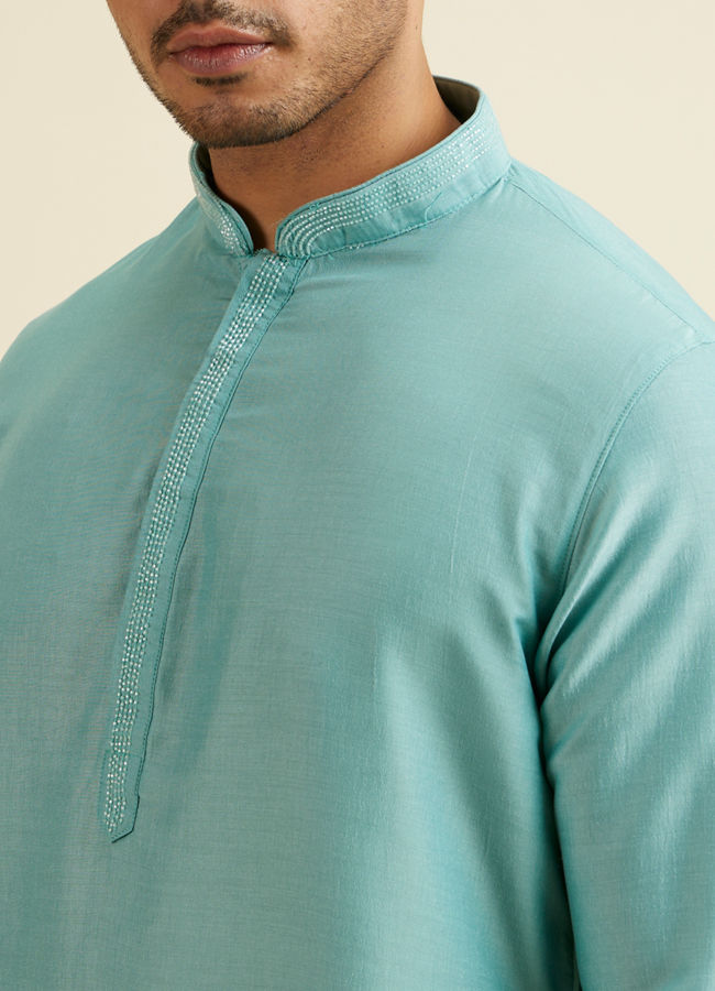 Manyavar Men Aqua Green Kurta Jacket Set with Exquisite Hand Embroidery and Cutdana Work