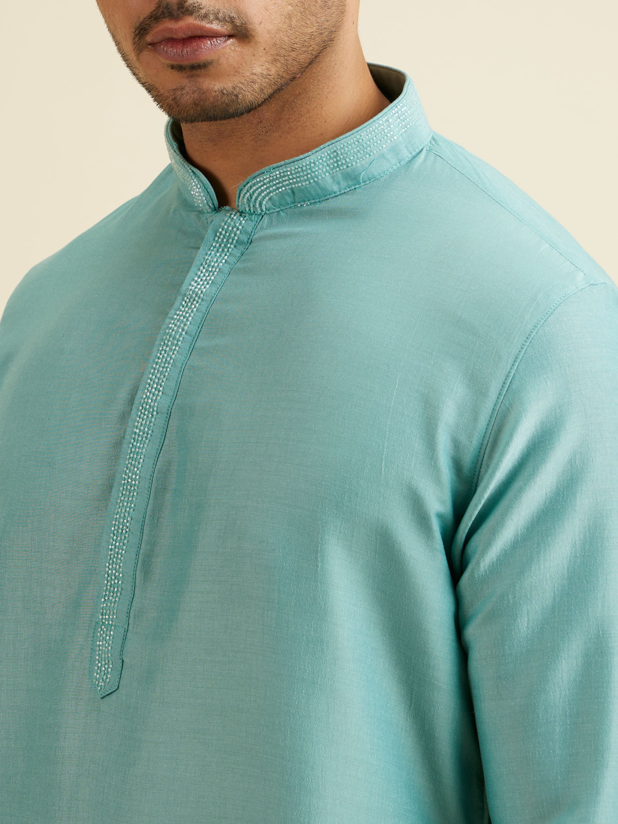 alt message - Manyavar Men Aqua Green Kurta Jacket Set with Exquisite Hand Embroidery and Cutdana Work image number 2