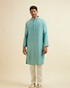 Manyavar Men Aqua Green Kurta Jacket Set with Exquisite Hand Embroidery and Cutdana Work