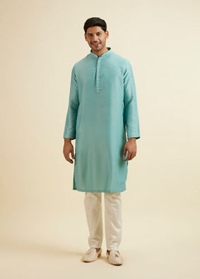 alt message - Manyavar Men Aqua Green Kurta Jacket Set with Exquisite Hand Embroidery and Cutdana Work image number 3