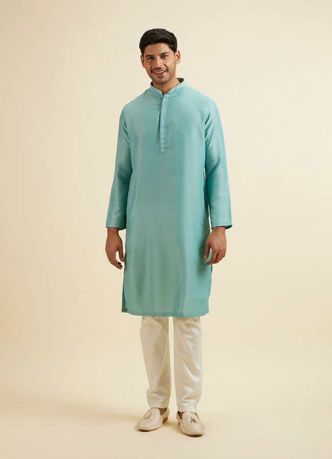 Manyavar Men Aqua Green Kurta Jacket Set with Exquisite Hand Embroidery and Cutdana Work