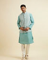 Manyavar Men Aqua Green Kurta Jacket Set with Exquisite Hand Embroidery and Cutdana Work