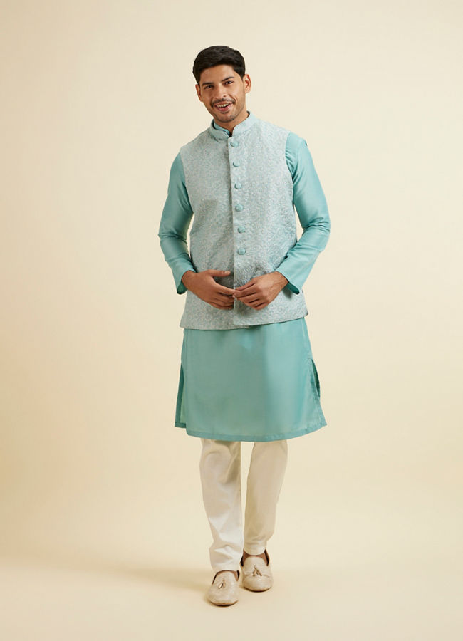 alt message - Manyavar Men Aqua Green Kurta Jacket Set with Exquisite Hand Embroidery and Cutdana Work image number 4