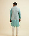 Manyavar Men Aqua Green Kurta Jacket Set with Exquisite Hand Embroidery and Cutdana Work