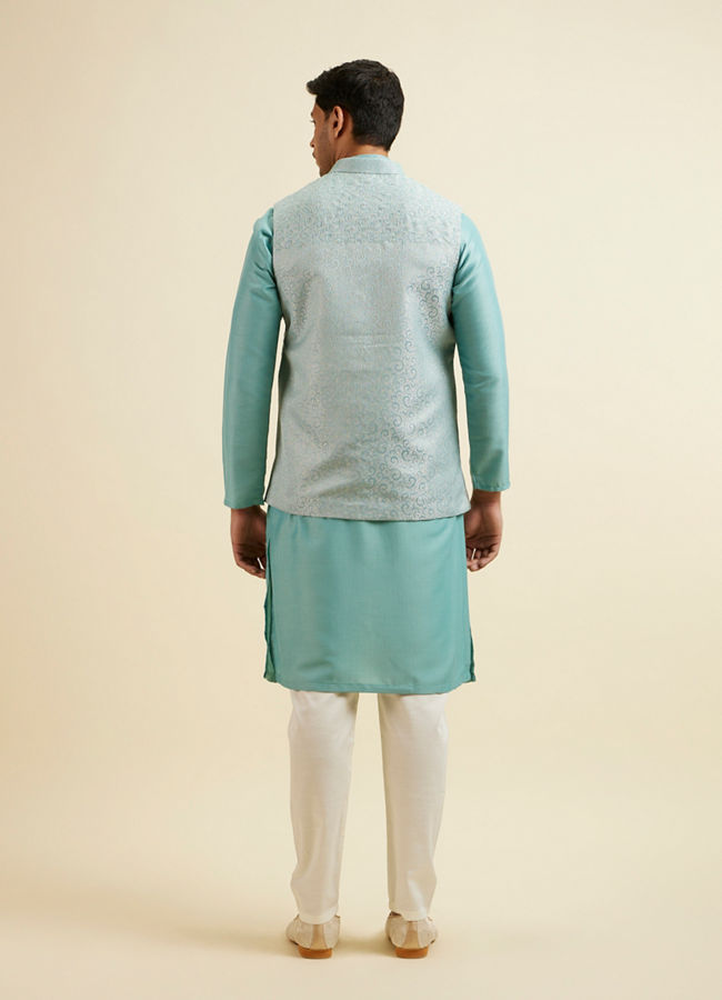 Manyavar Men Aqua Green Kurta Jacket Set with Exquisite Hand Embroidery and Cutdana Work