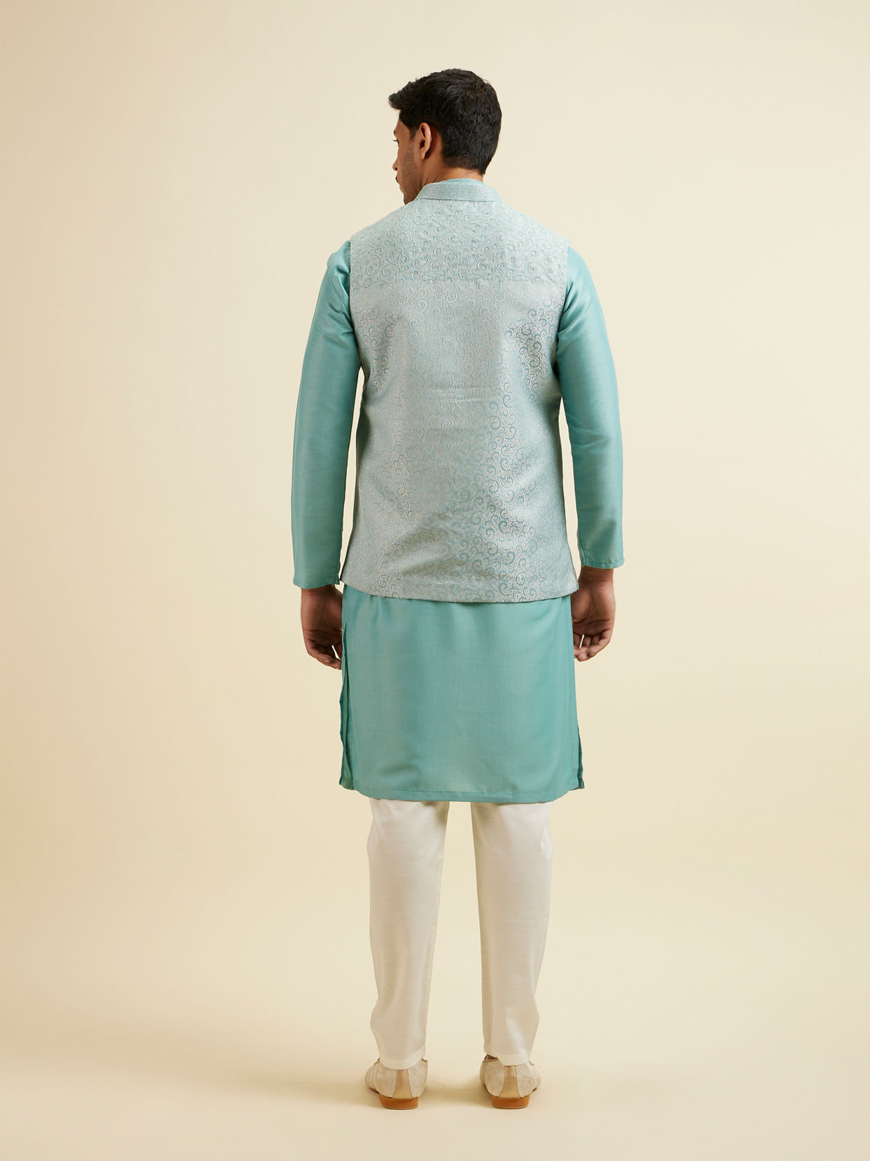 alt message - Manyavar Men Aqua Green Kurta Jacket Set with Exquisite Hand Embroidery and Cutdana Work image number 5