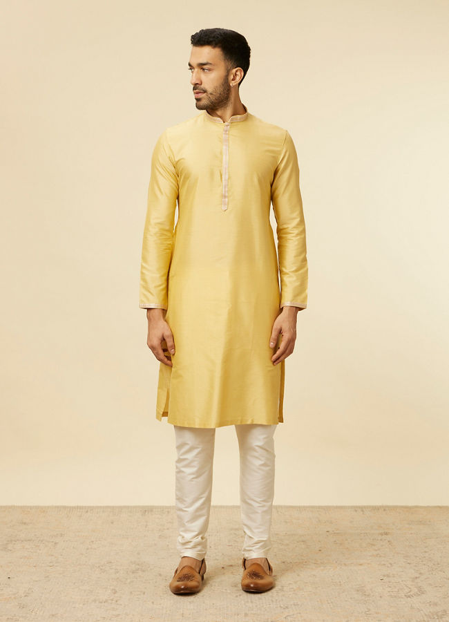 Manyavar Men Yellow Grid Patterned Chowkadi Motif Jacket Set