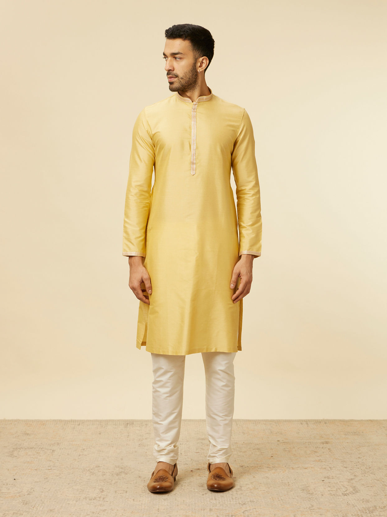 Manyavar Men Yellow Grid Patterned Chowkadi Motif Jacket Set