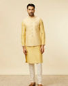 alt message - Manyavar Men Yellow Grid Patterned Chowkadi Motif Jacket Set image number 3