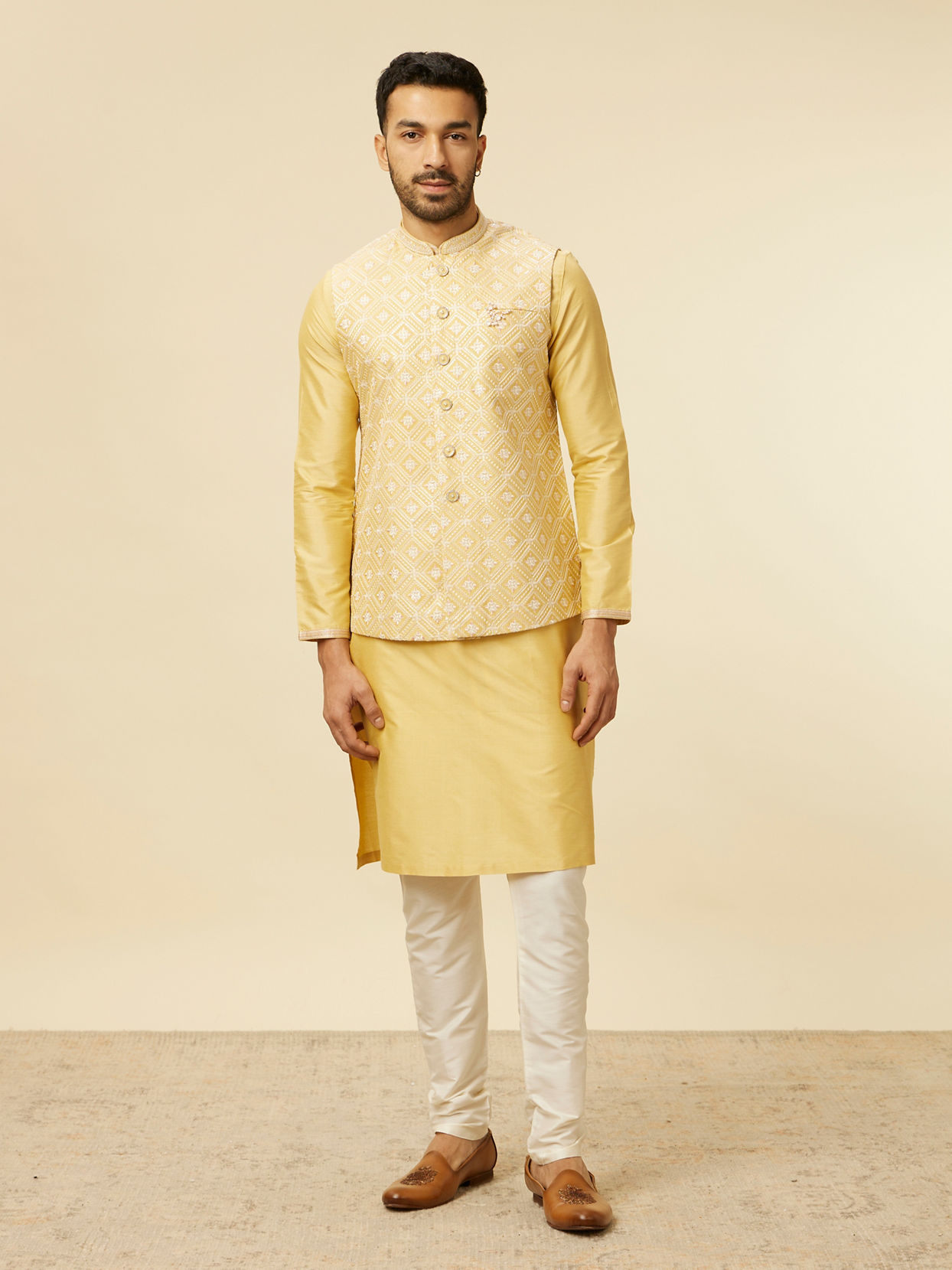 Manyavar Men Yellow Grid Patterned Chowkadi Motif Jacket Set