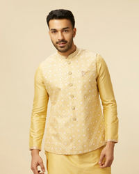 Manyavar Men Yellow Grid Patterned Chowkadi Motif Jacket Set