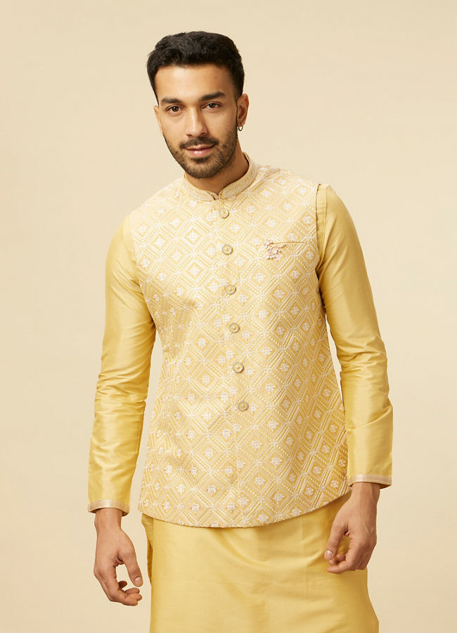 alt message - Manyavar Men Yellow Grid Patterned Chowkadi Motif Jacket Set image number 0