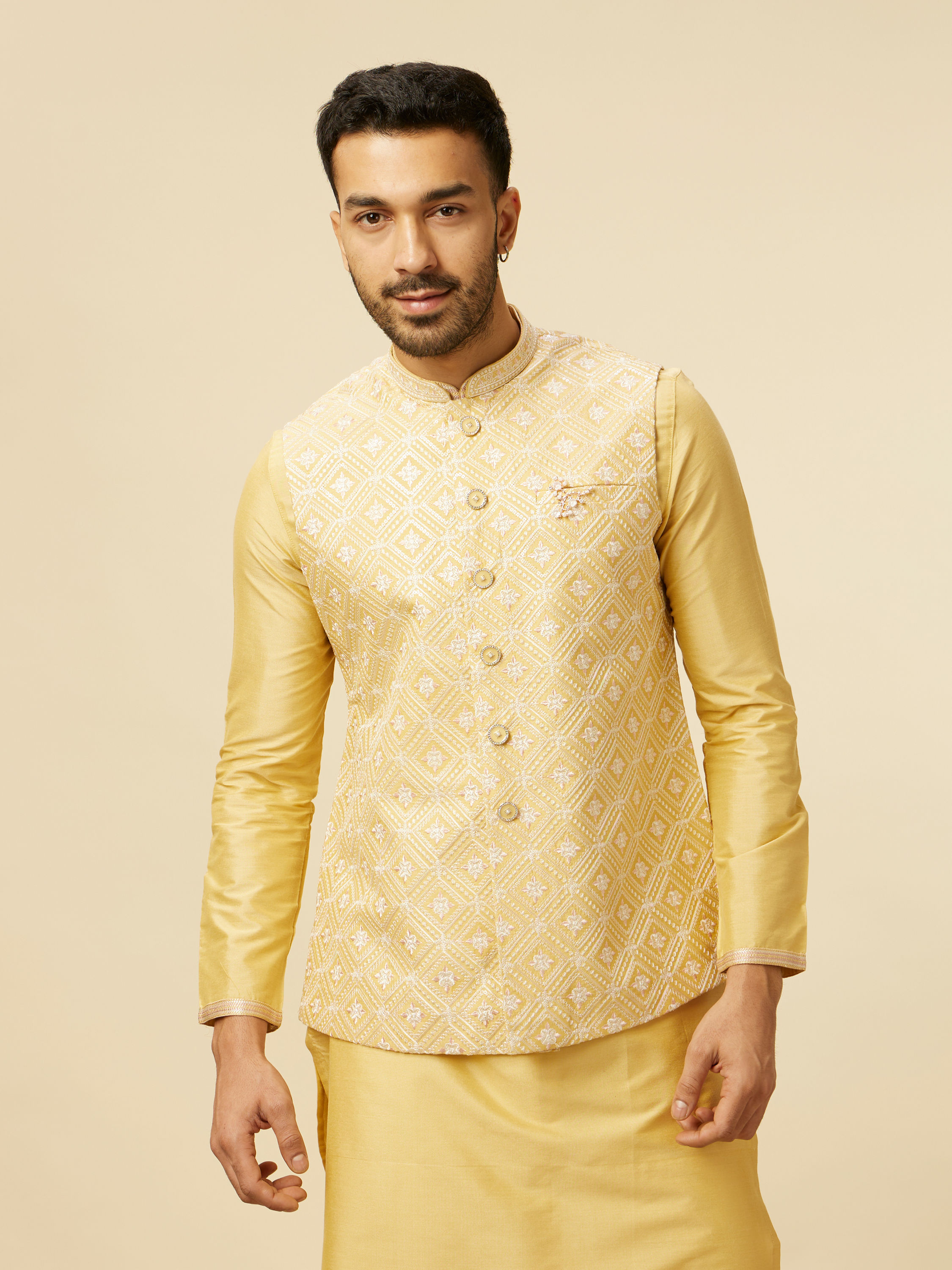 Manyavar Men Yellow Grid Patterned Chowkadi Motif Jacket Set