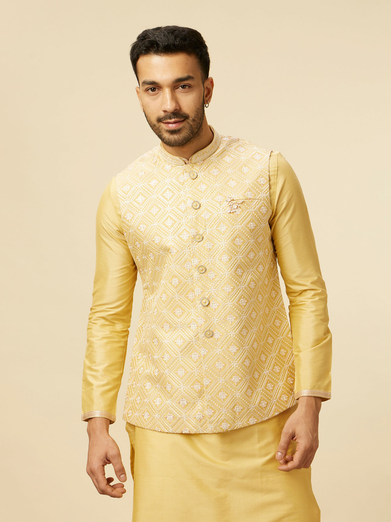 alt message - Manyavar Men Yellow Grid Patterned Chowkadi Motif Jacket Set image number 0