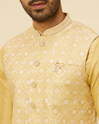 Manyavar Men Yellow Grid Patterned Chowkadi Motif Jacket Set