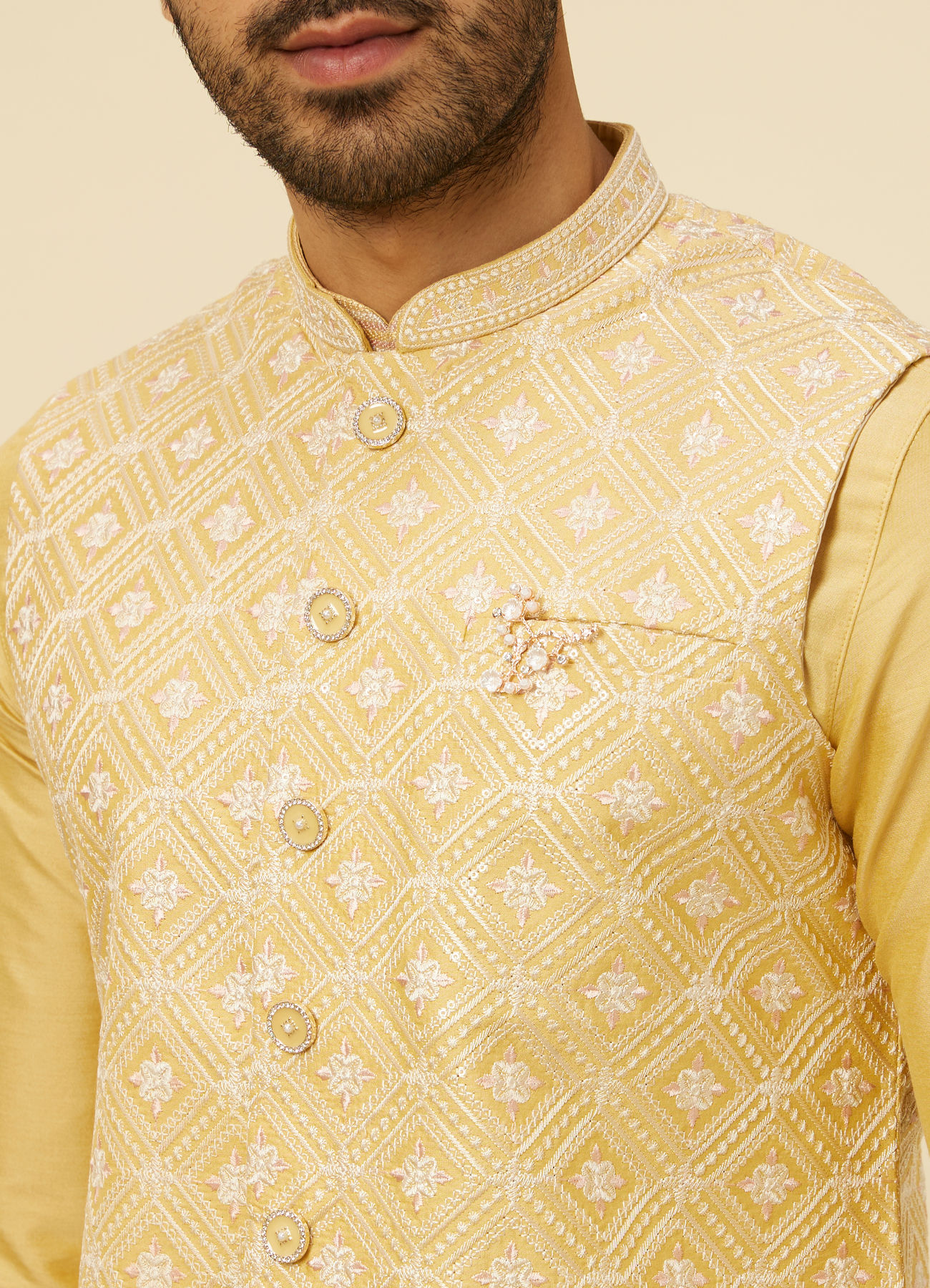 Manyavar Men Yellow Grid Patterned Chowkadi Motif Jacket Set