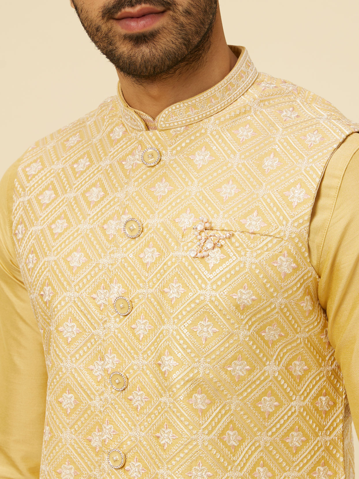 alt message - Manyavar Men Yellow Grid Patterned Chowkadi Motif Jacket Set image number 1