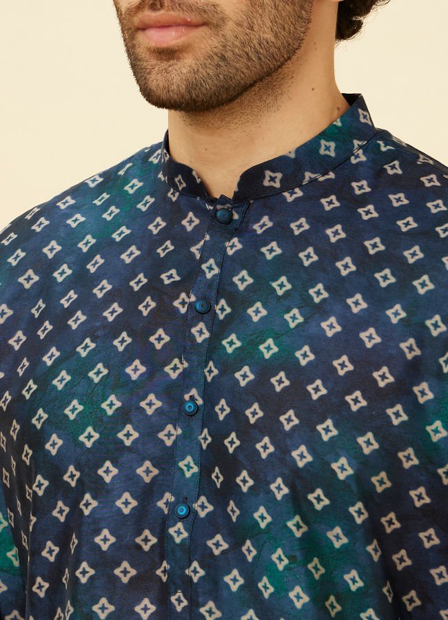 Manyavar Men Indigo Blue Ikat Inspired Kurta Jacket Set