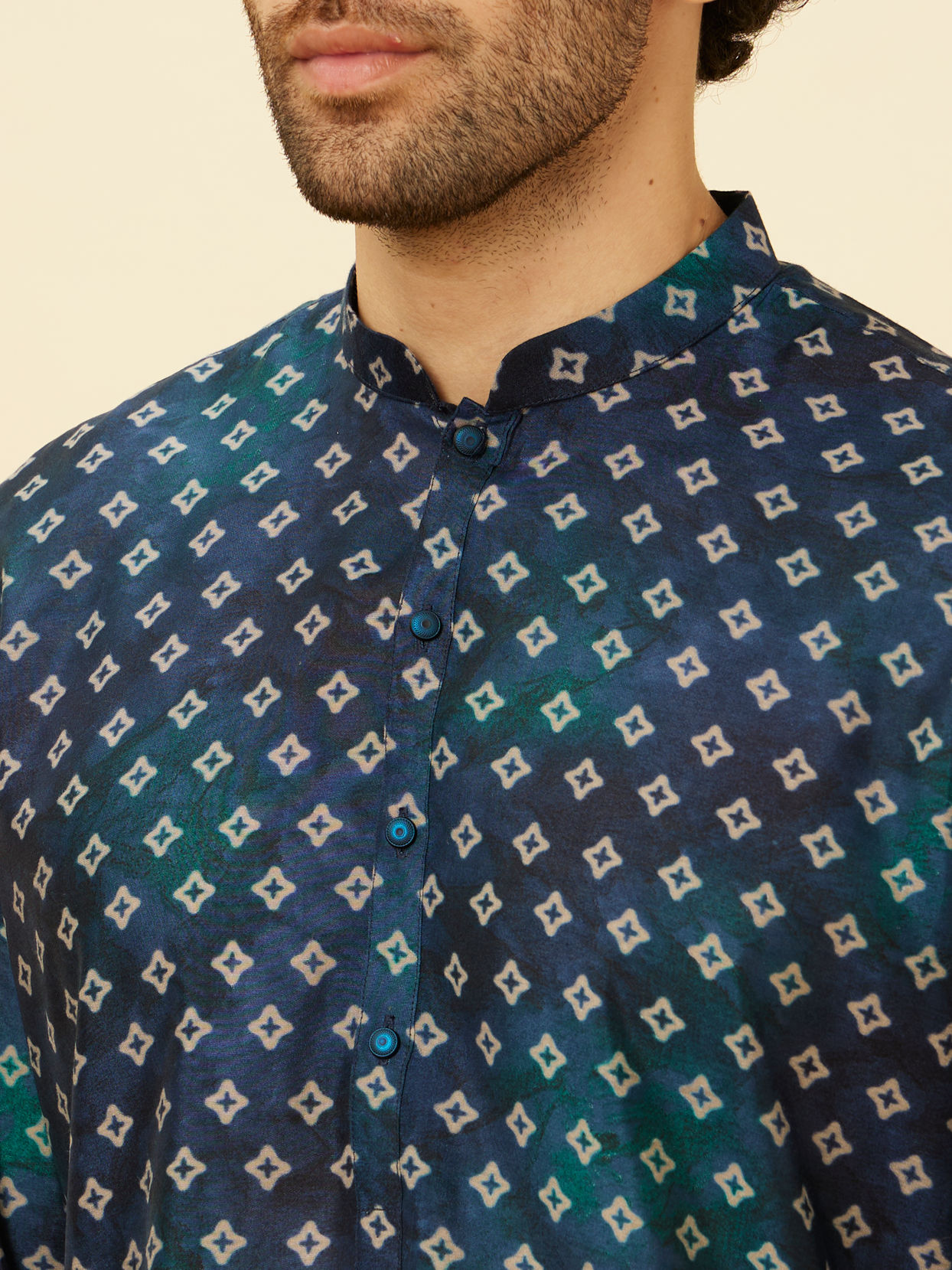Manyavar Men Indigo Blue Ikat Inspired Kurta Jacket Set