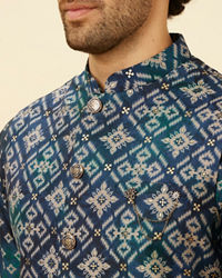 Manyavar Men Indigo Blue Ikat Inspired Kurta Jacket Set
