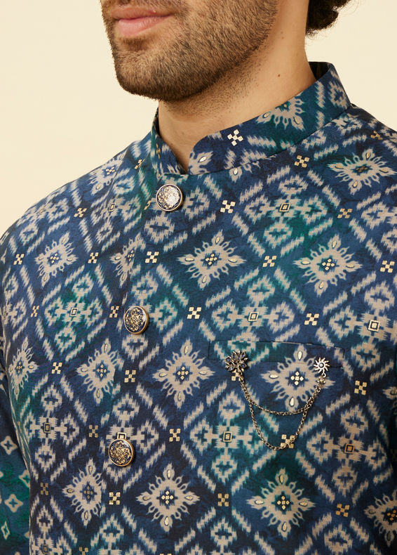 Manyavar Men Indigo Blue Ikat Inspired Kurta Jacket Set