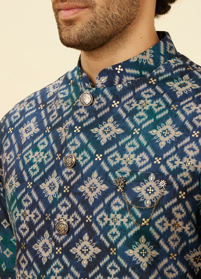Manyavar Men Indigo Blue Ikat Inspired Kurta Jacket Set