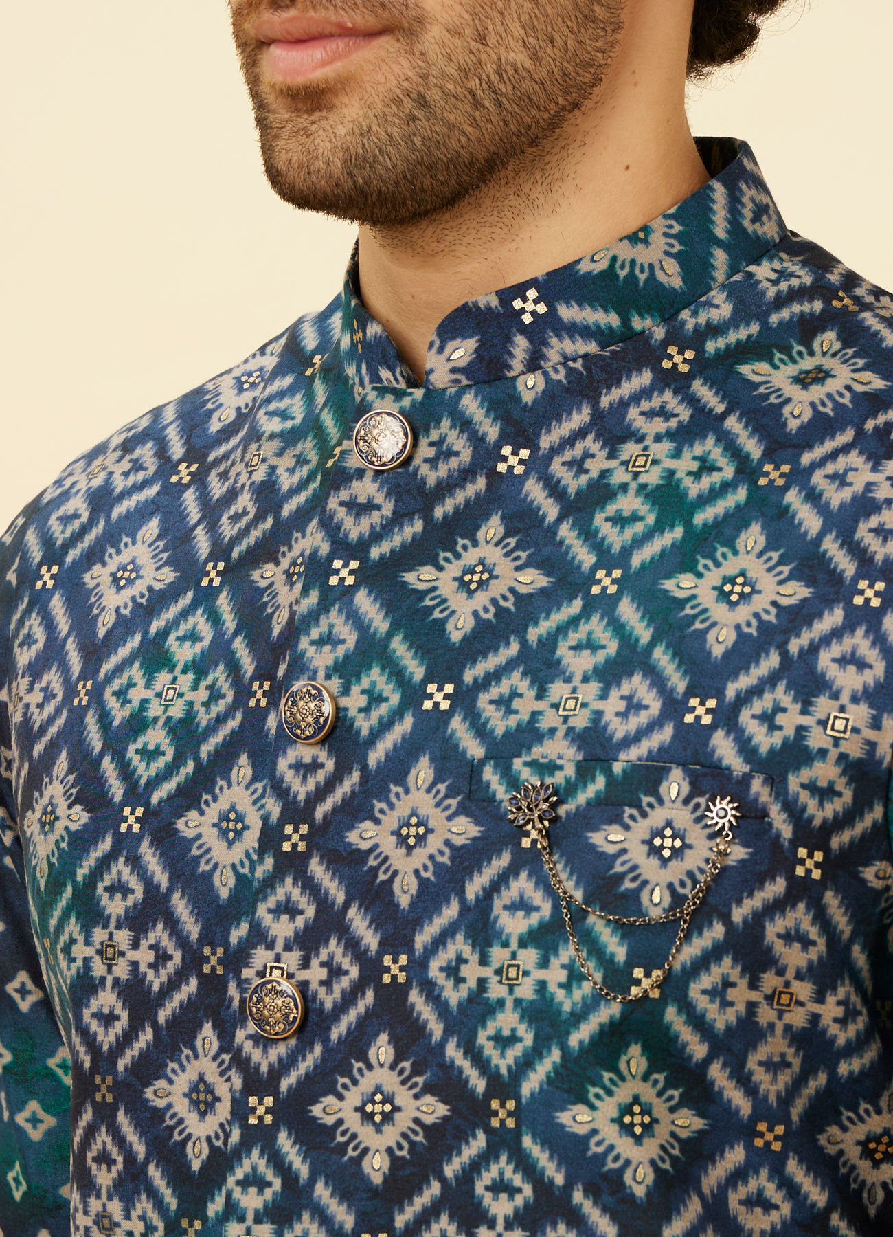 Manyavar Men Indigo Blue Ikat Inspired Kurta Jacket Set