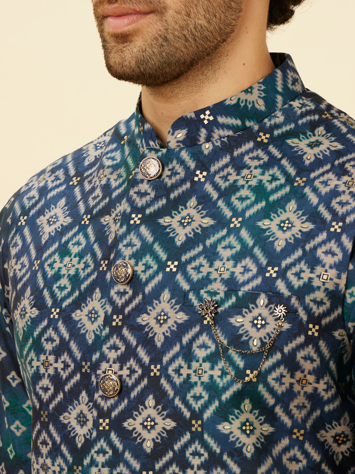 Manyavar Men Indigo Blue Ikat Inspired Kurta Jacket Set