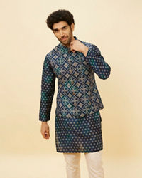 Manyavar Men Indigo Blue Ikat Inspired Kurta Jacket Set