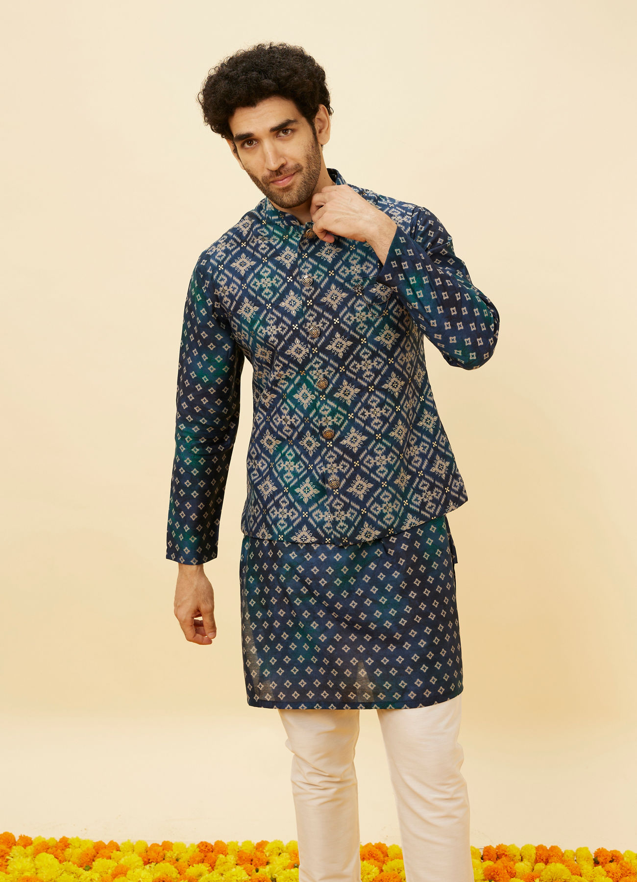 Manyavar Men Indigo Blue Ikat Inspired Kurta Jacket Set