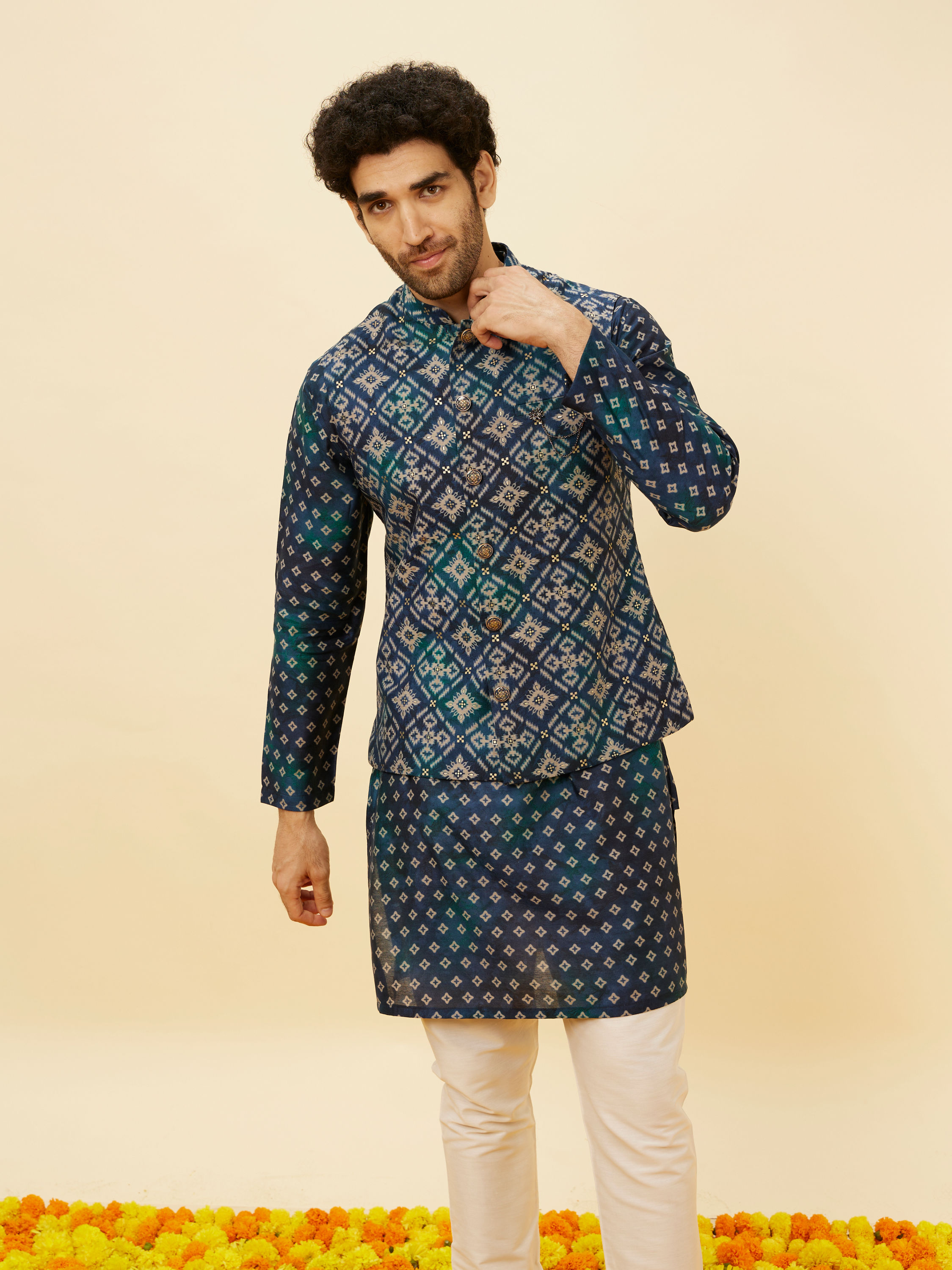 Manyavar Men Indigo Blue Ikat Inspired Kurta Jacket Set