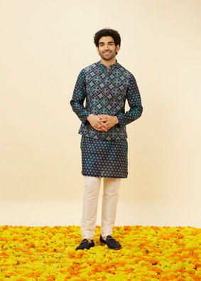 alt message - Manyavar Men Indigo Blue Ikat Inspired Kurta Jacket Set image number 4