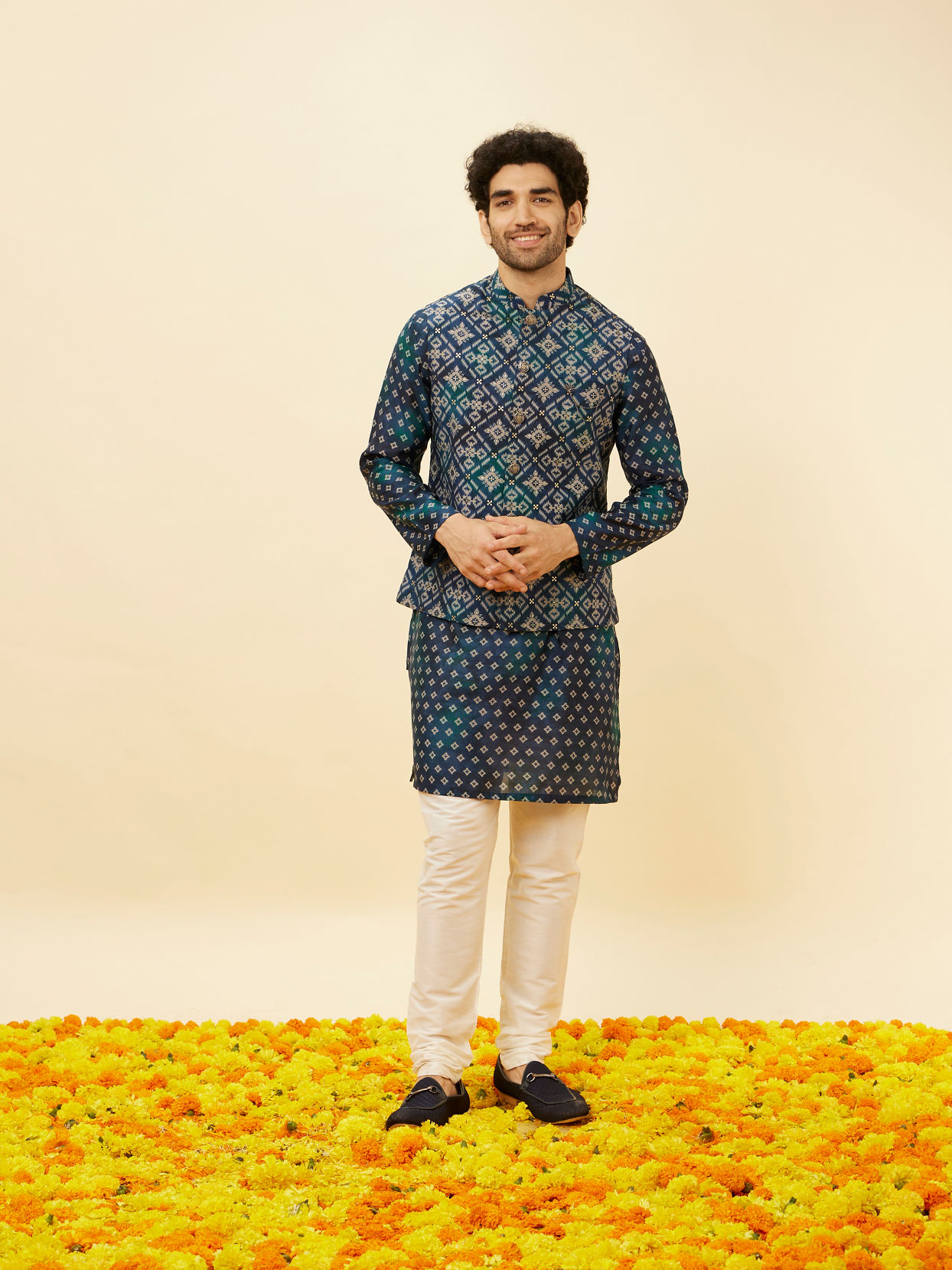 Indigo Blue Ikat Inspired Kurta Jacket Set image number 4