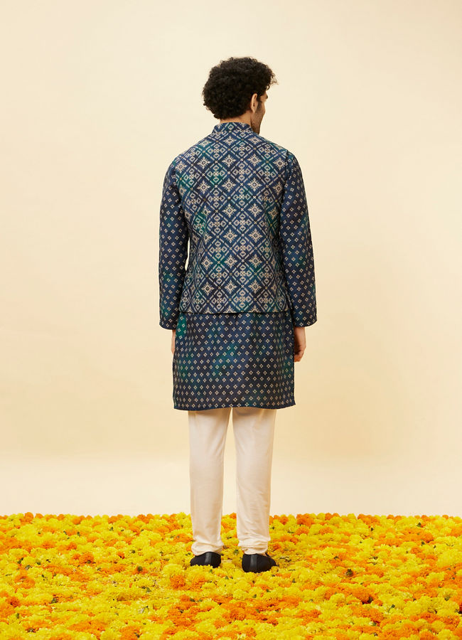 Manyavar Men Indigo Blue Ikat Inspired Kurta Jacket Set
