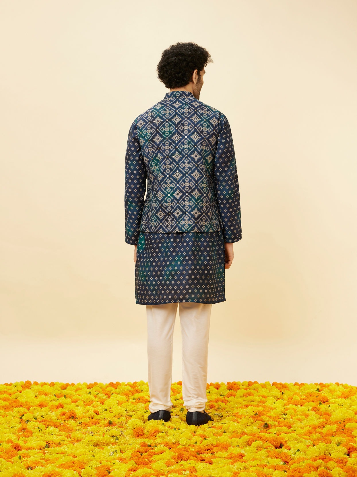 Manyavar Men Indigo Blue Ikat Inspired Kurta Jacket Set