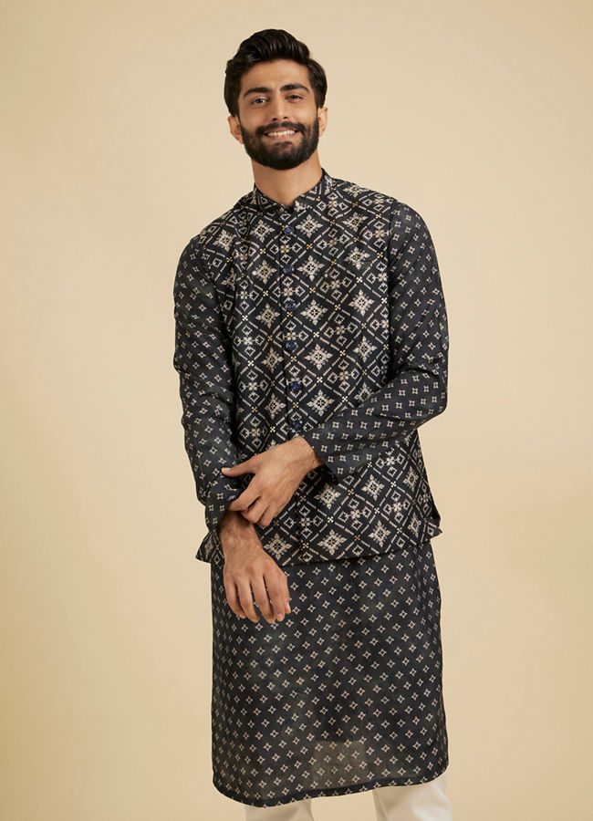 Manyavar Men Ebony Black Jacket Set with Chowkadi Motifs