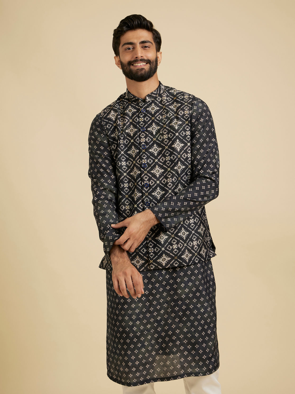 Manyavar Men Ebony Black Jacket Set with Chowkadi Motifs