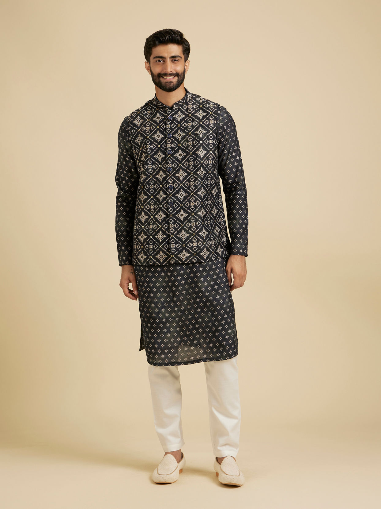 Manyavar Men Ebony Black Jacket Set with Chowkadi Motifs