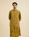 Manyavar Men Mehndi Green Jacket Set with Chowkadi Motifs
