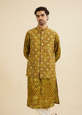 Manyavar Men Mehndi Green Jacket Set with Chowkadi Motifs